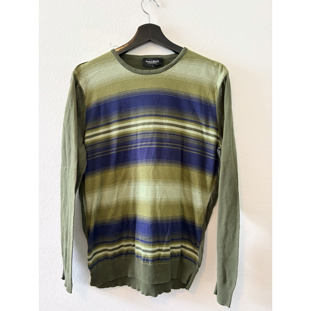 Maceoo Mens Long Sleeve Crewneck Sweater Size Large Green Blue Striped Cotton